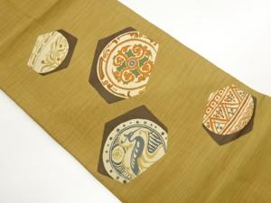 変わり丸文に華紋・鳥・草葉模様織出し名古屋帯